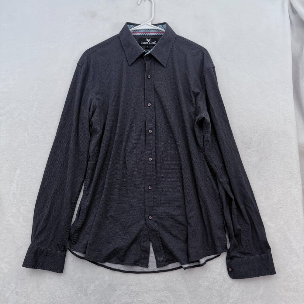Buttercloth Shirt Men L Black Plaid Regular Fit Stretch Flip Cuff Button Down